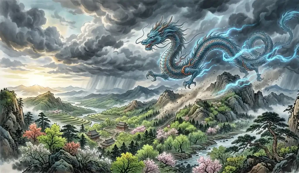 Azure dragon flying over green forests and stormy skies.