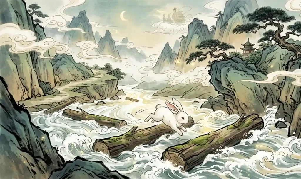 Rabbit crossing the river using floating logs.