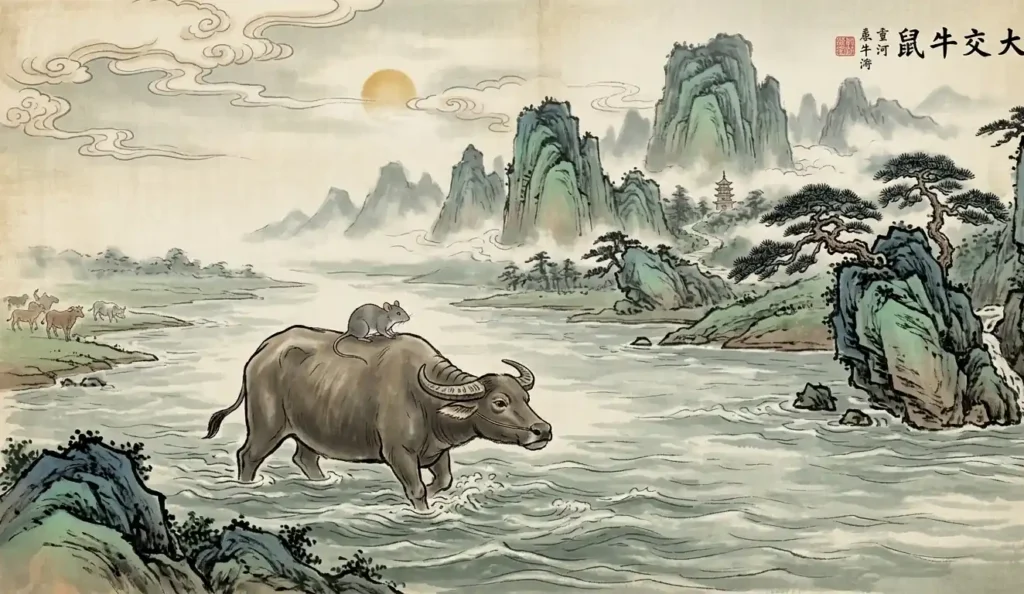 Rat secretly riding on the Ox during the race.