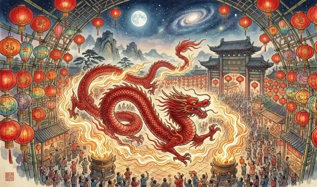 Red dragon surrounded by lanterns and protective fire.