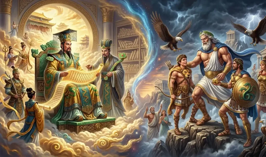 Jade Emperor and Zeus engaging with mortals differently.