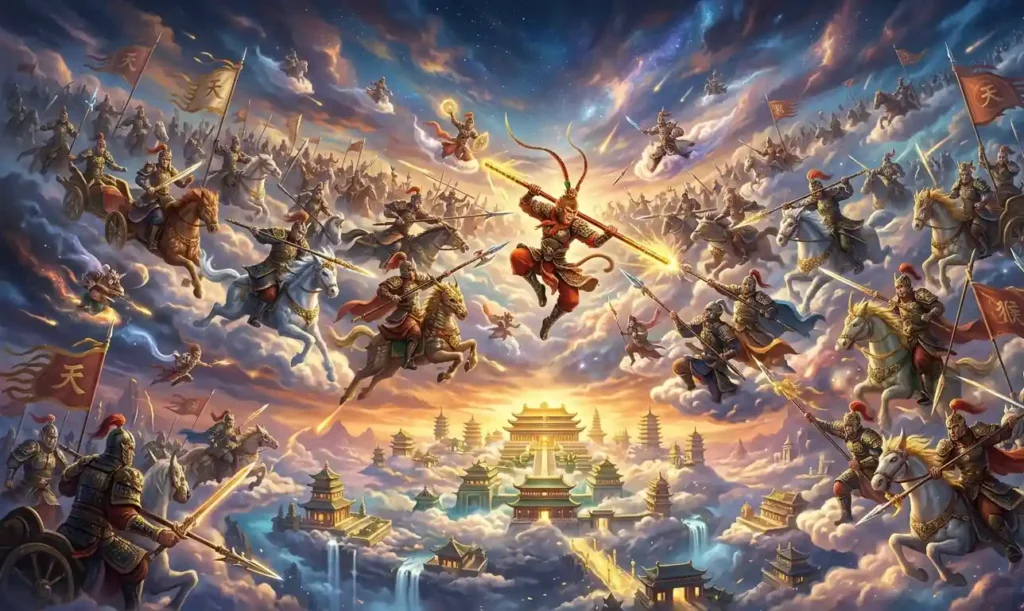 Sun Wukong fighting celestial armies in Heaven.
