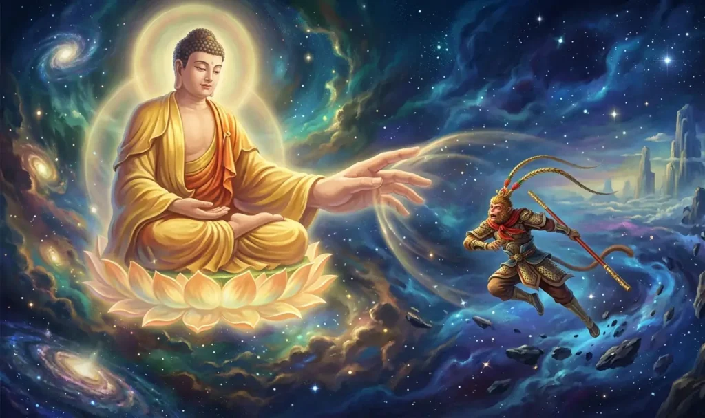 Buddha stopping Sun Wukong during his challenge.