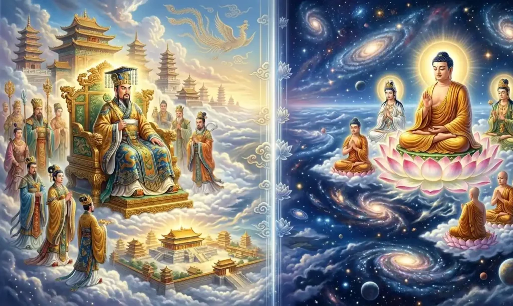 Jade Emperor and Buddha occupying different cosmic spheres.