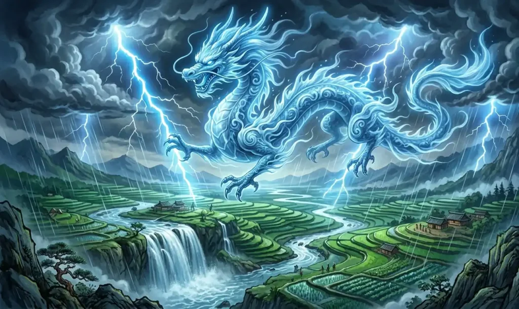 Blue spirit dragon in storm clouds controlling rain and lightning over farmland.