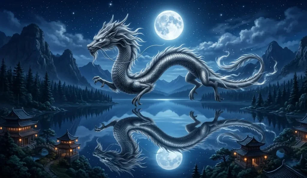 Silver dragon glowing beneath the full moon.