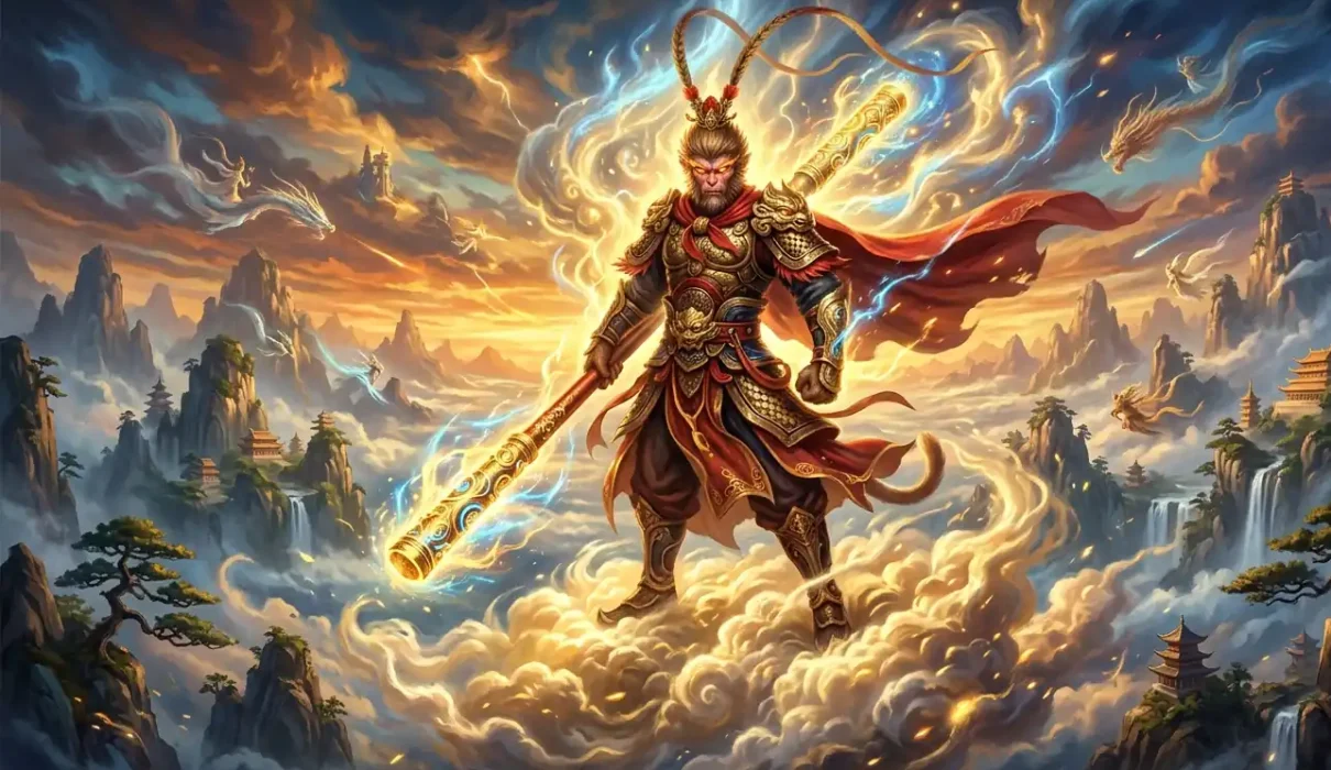 Sun Wukong standing on clouds holding his golden staff.