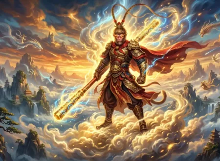Sun Wukong standing on clouds holding his golden staff.