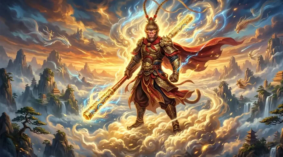 Sun Wukong standing on clouds holding his golden staff.