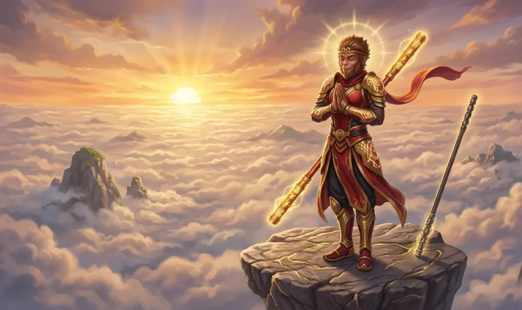 Sun Wukong standing calmly above the clouds after enlightenment.