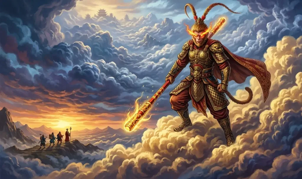 Sun Wukong holding his golden staff above the clouds.