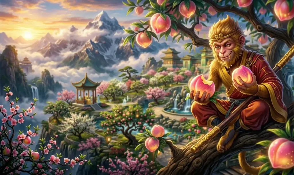 Sun Wukong secretly eating peaches in the celestial orchard.