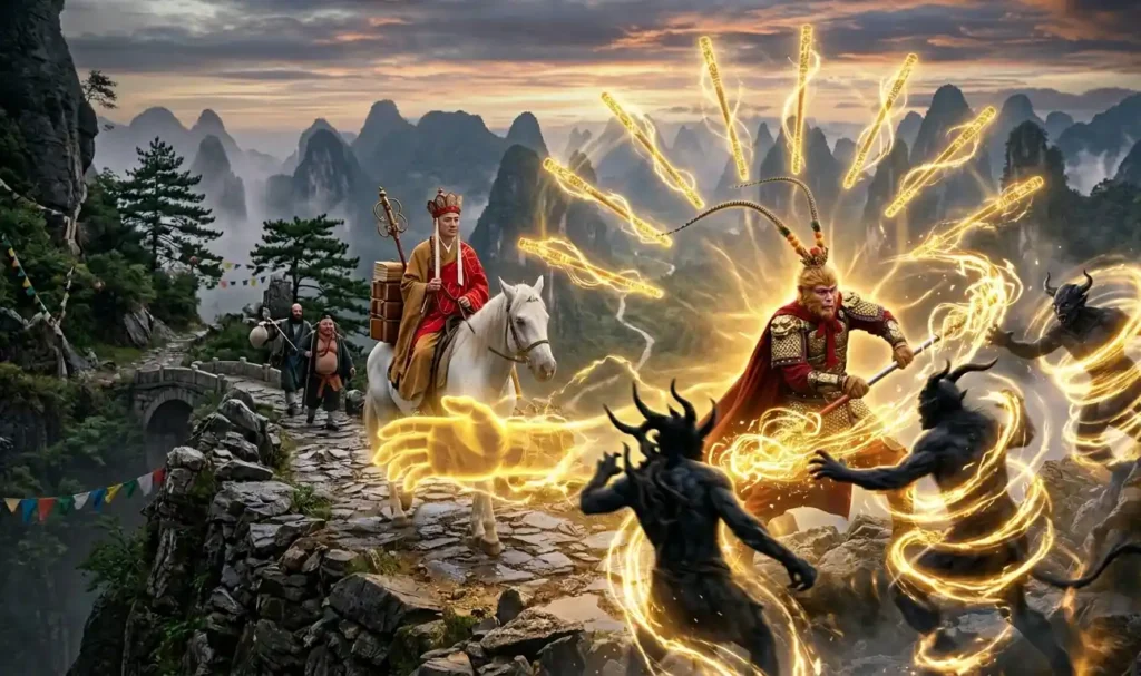 Sun Wukong demonstrating his divine powers and abilities.