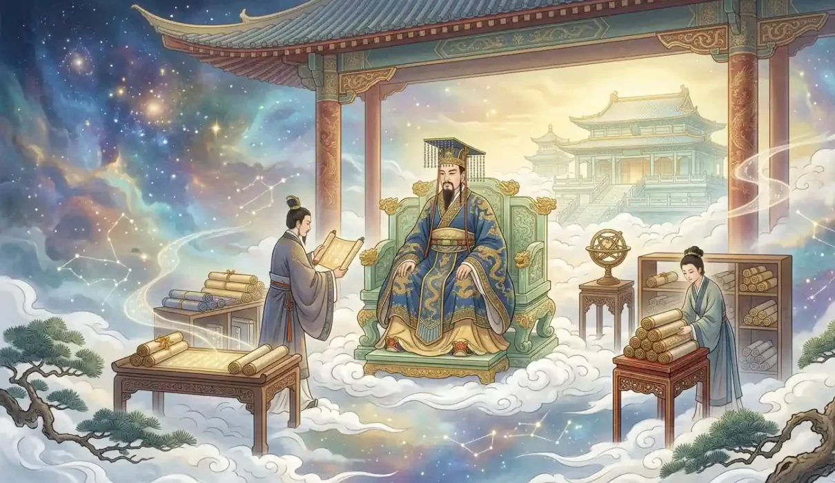 Jade Emperor Facts - Jade Emperor seated on a throne with ancient celestial records.