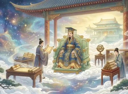 Jade Emperor Facts - Jade Emperor seated on a throne with ancient celestial records.