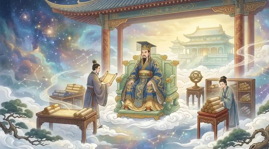 Jade Emperor Facts - Jade Emperor seated on a throne with ancient celestial records.