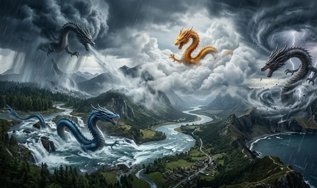 Dragons representing natural forces and cosmic balance.