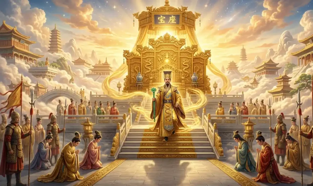 Jade Emperor ascending to the throne of Heaven.