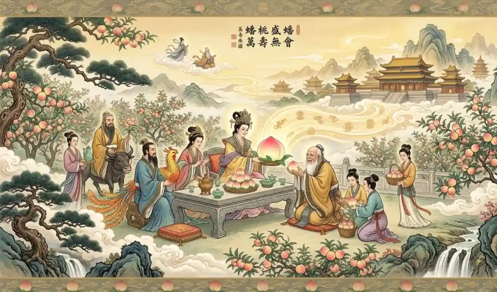 Immortals sharing sacred peaches at a heavenly gathering.