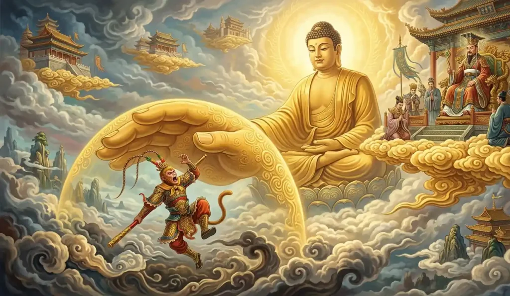 Buddha stopping Sun Wukong as the Jade Emperor watches.