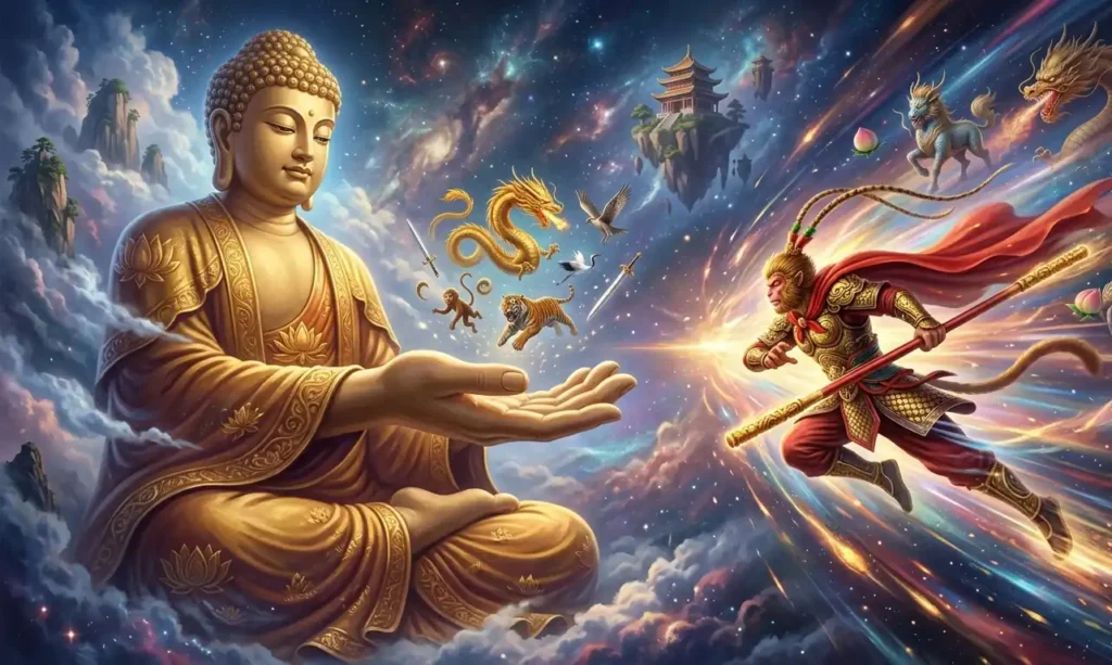 Sun Wukong challenging Buddha across the universe.