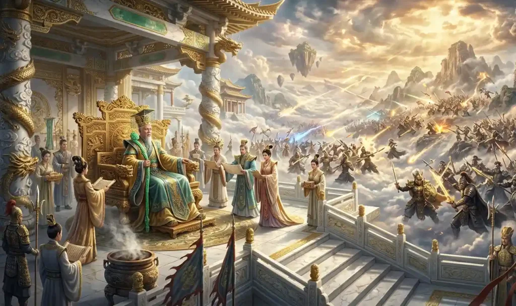 Jade Emperor governing Heaven while battles occur around him.