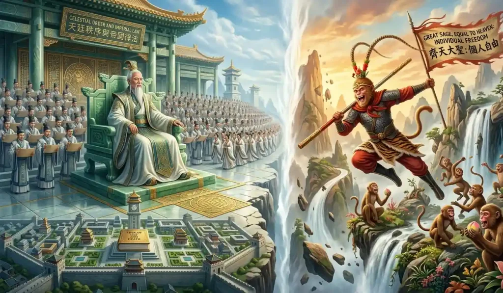 Jade Emperor and Sun Wukong symbolizing different ideals.