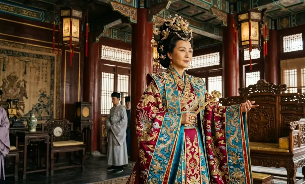 Chinese empress displaying dragon symbolism in court attire.