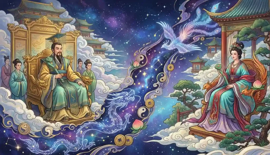 Jade Emperor and Xiwangmu linked through cosmic symbolism.