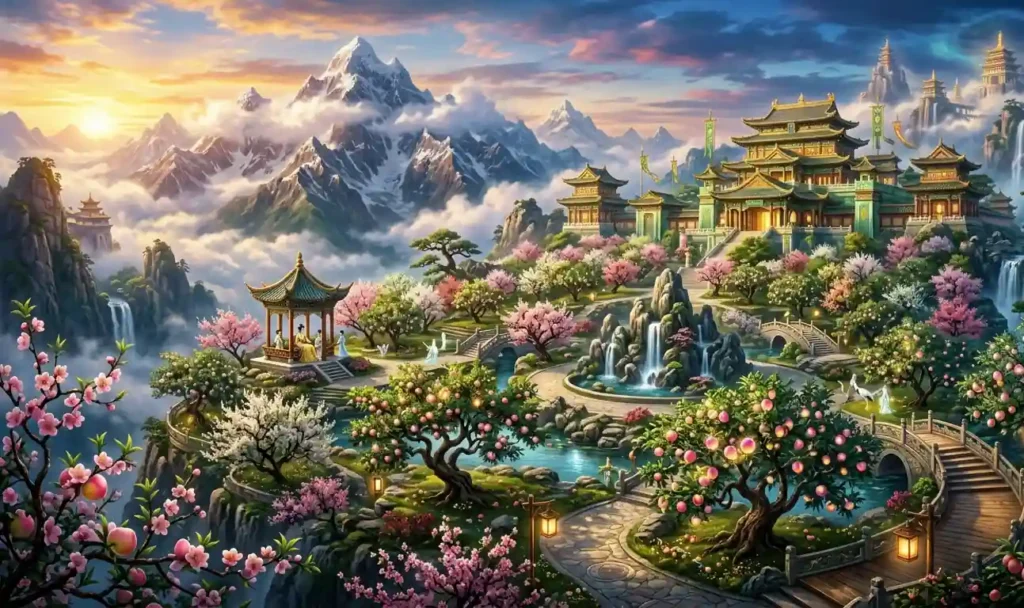 Divine peach trees growing in Xiwangmu's sacred garden.
