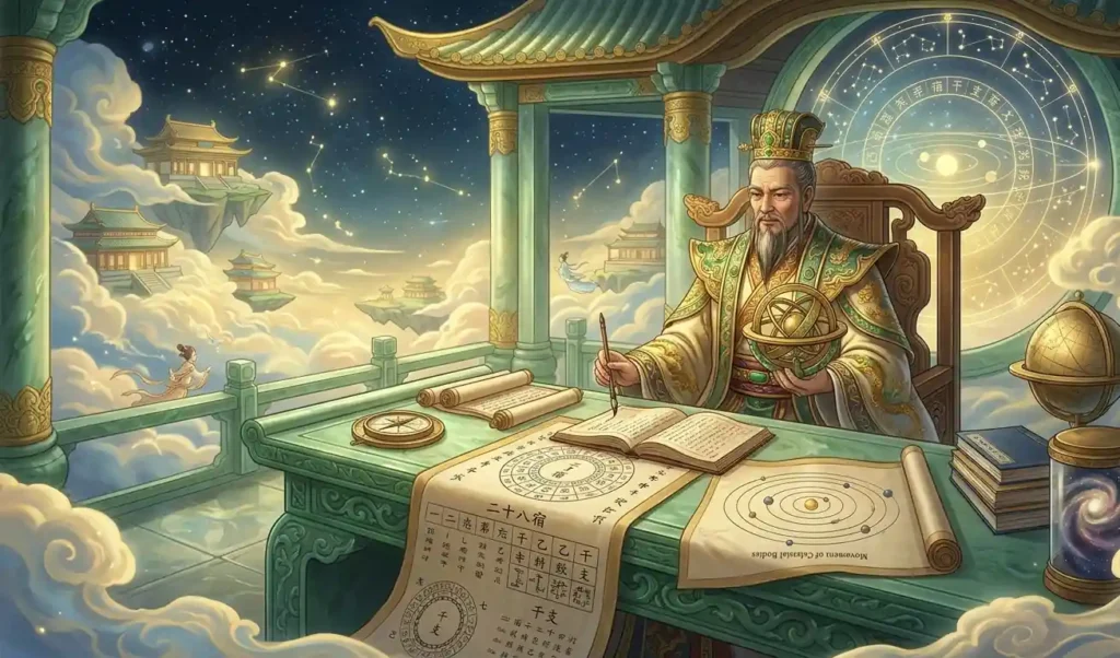 Jade Emperor examining the order of time and seasons.
