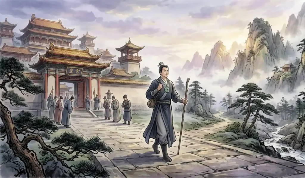 A prince walking away from a palace toward the mountains.