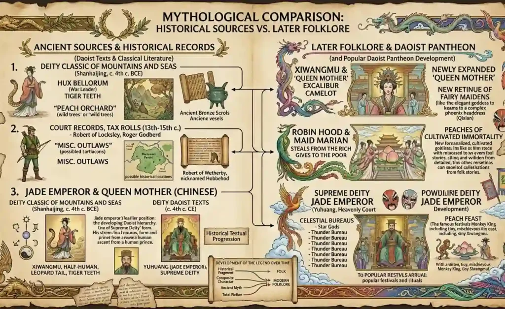 Comparison between classical texts and popular traditions.