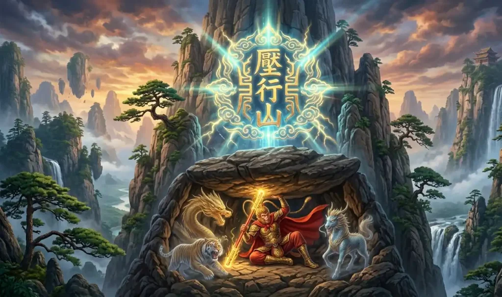 Sun Wukong imprisoned beneath a mountain for centuries.