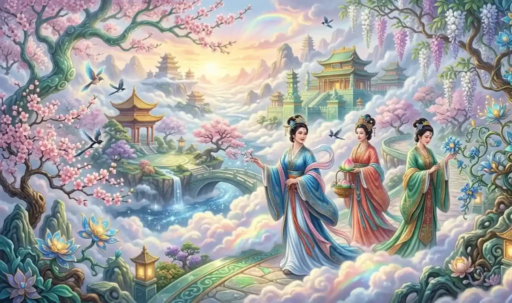 The Jade Emperor's daughters in a heavenly garden.