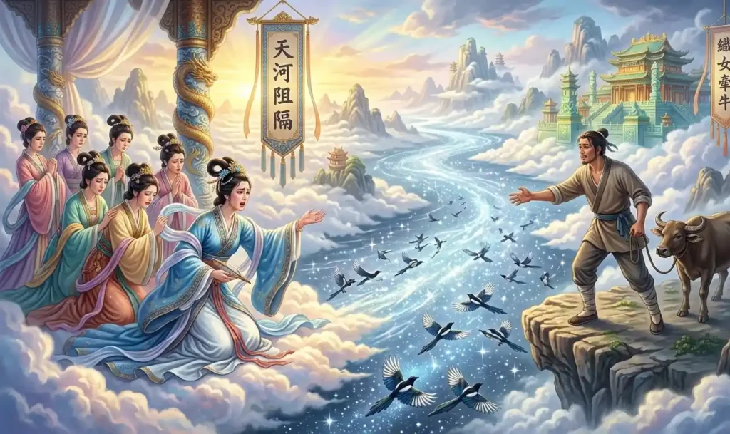 A goddess gazing across a celestial river toward her lover.