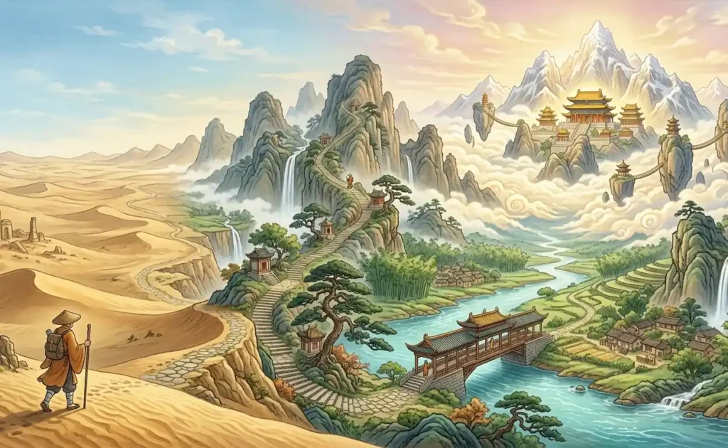 Traveler making a difficult pilgrimage toward Kunlun.