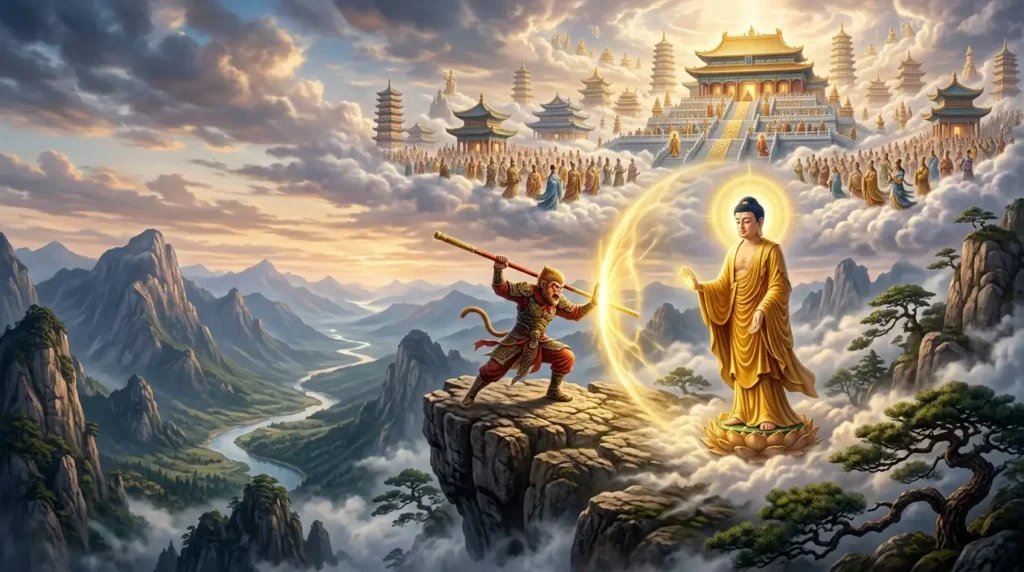 Buddha subduing Sun Wukong before the Heavenly Court.