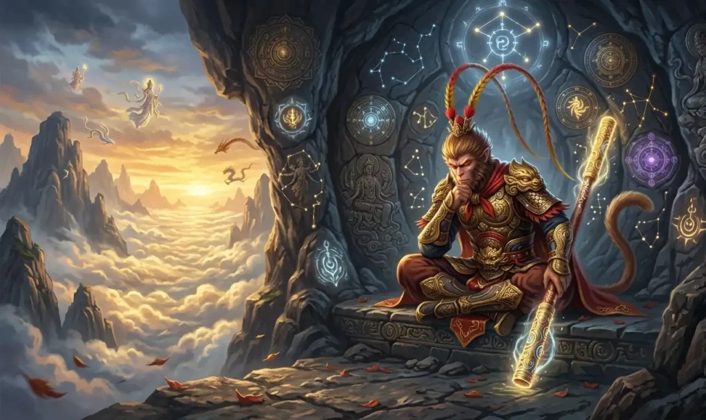 Sun Wukong reflecting beneath sacred celestial symbols.