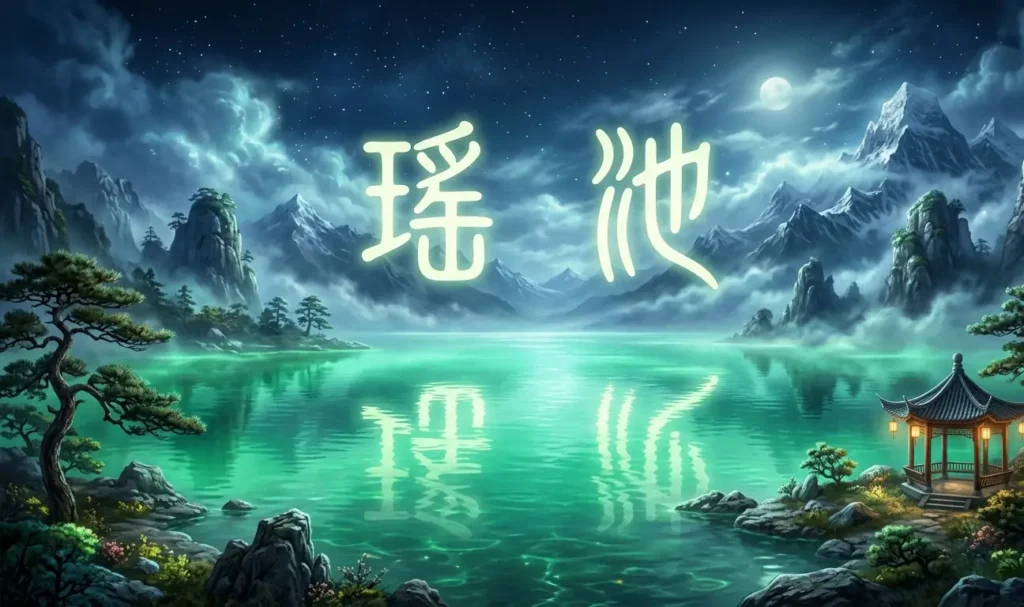 Chinese characters reflected on the waters of Yao Chi.