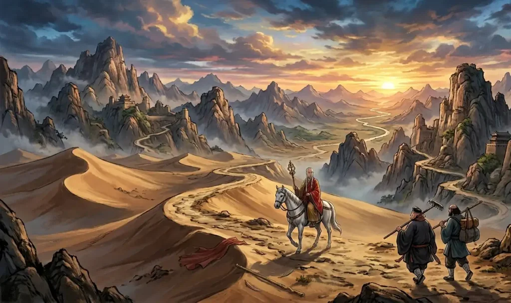 The other three pilgrims journeying across a wilderness.