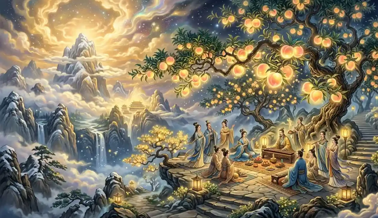 peaches of immortality growing in a heavenly orchard above the clouds.