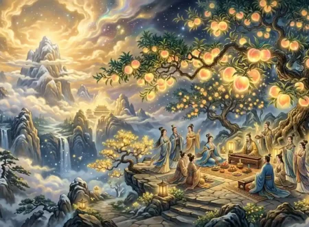 peaches of immortality growing in a heavenly orchard above the clouds.