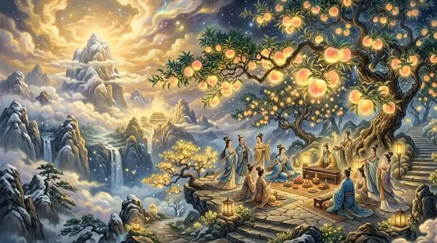 peaches of immortality growing in a heavenly orchard above the clouds.