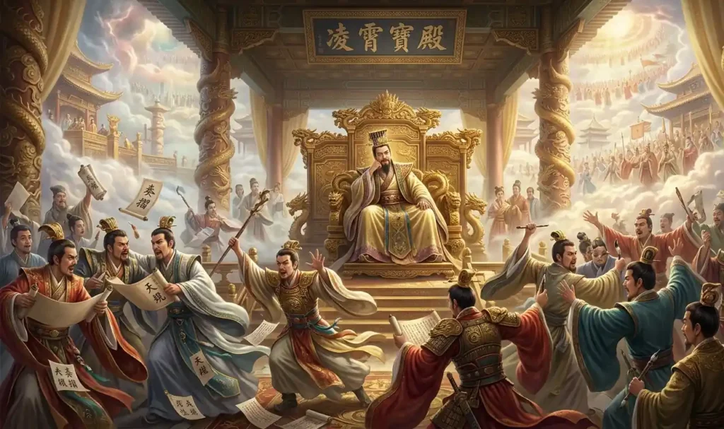 Jade Emperor reflecting amid a complicated celestial bureaucracy.