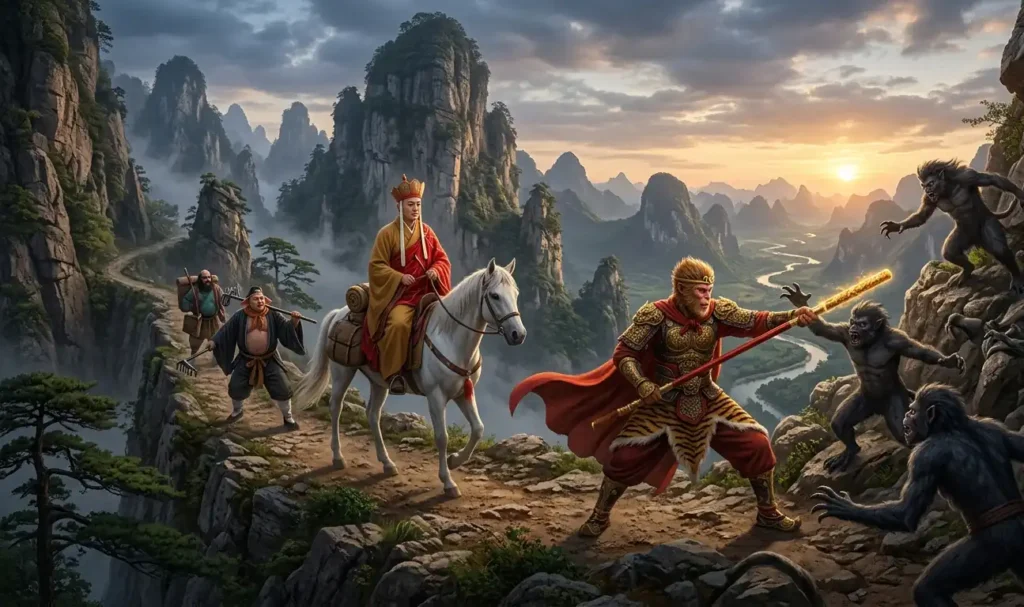 Sun Wukong guarding the monk during the pilgrimage.