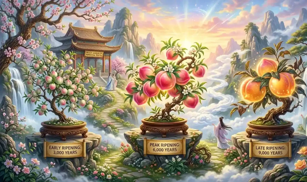 Three grades of immortal peaches displayed together.