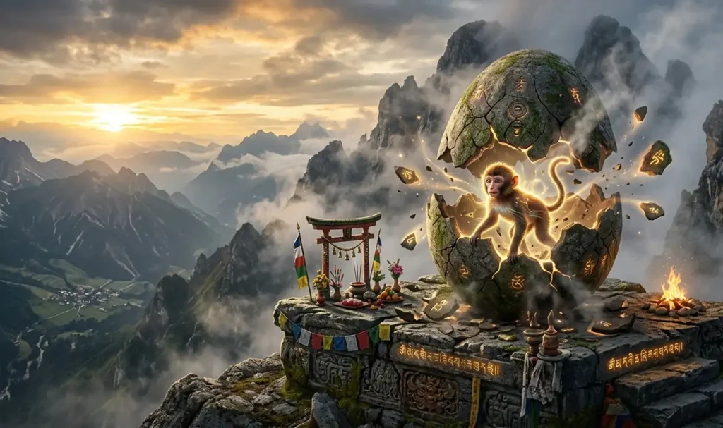 Sun Wukong emerging from a mystical stone on a mountain.