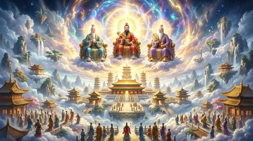 Three Pure Ones positioned above the Heavenly Court.