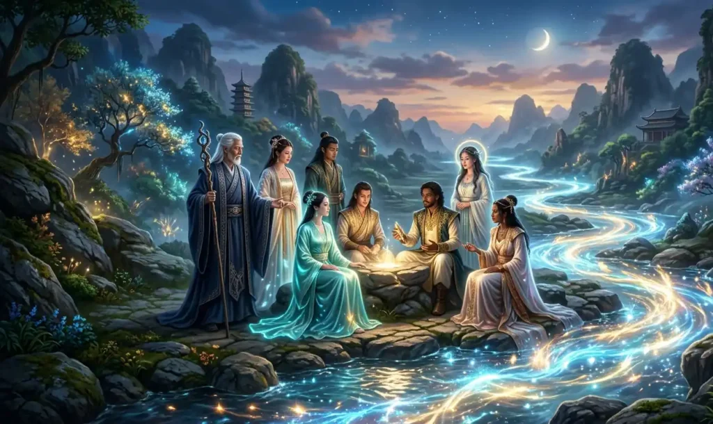 Divine beings standing beside the waters of Yao Chi.
